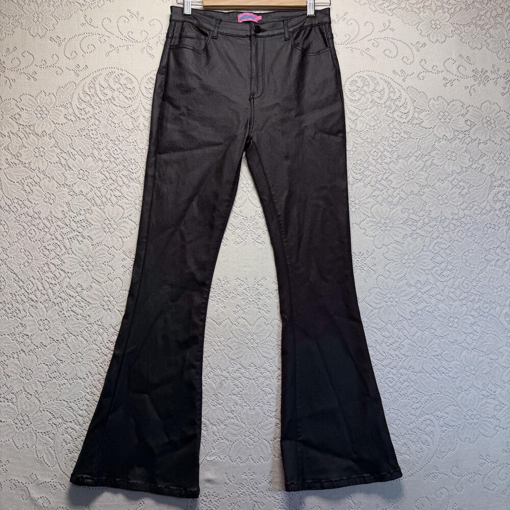 Edikted Dress Pants Womens Large Black Coated Twill High Rise Flare Leg Stretch